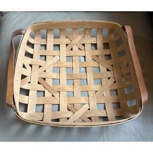 Workshops of Gerald E Henn Lattice Tobacco Basket Square w/ Leather Handles Vtg